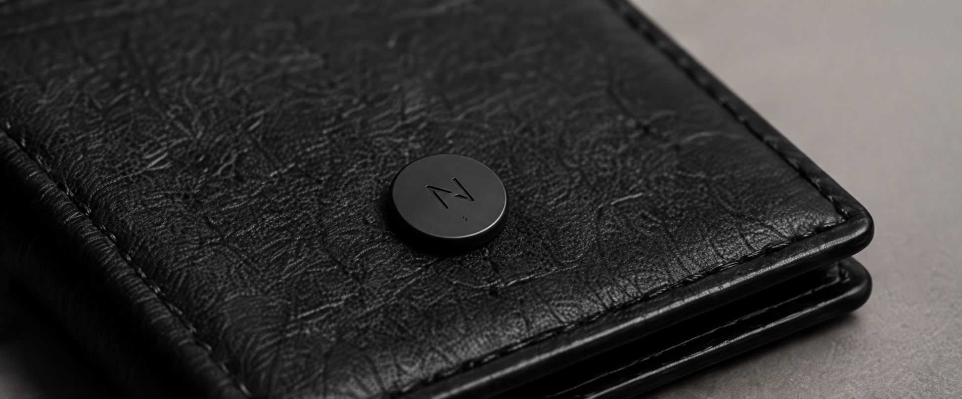 Black leather wallet with a circular NanoTag concept